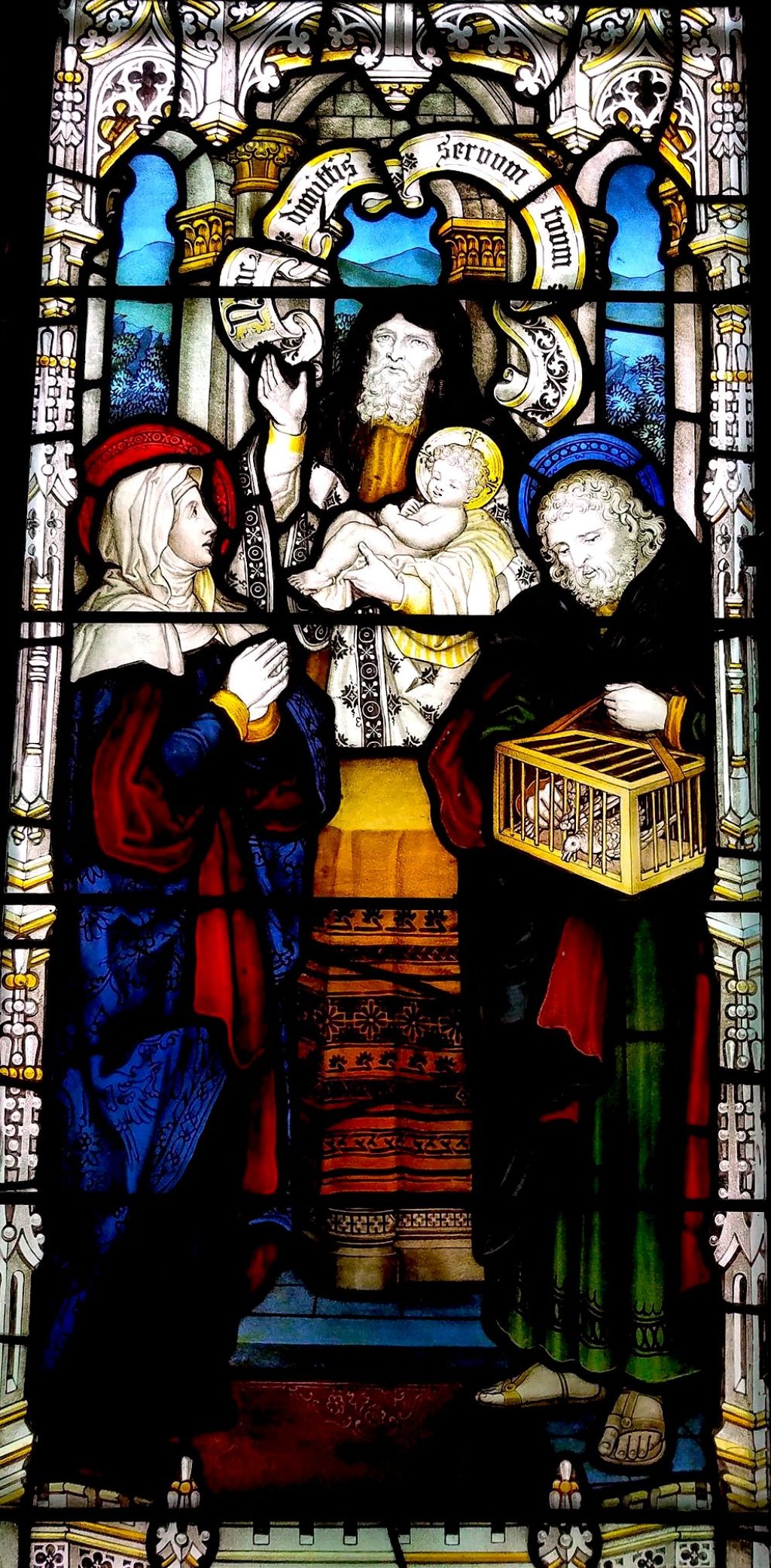 Stained-glass window, Presentation of Jesus in the Temple with Holy Family and Simeon