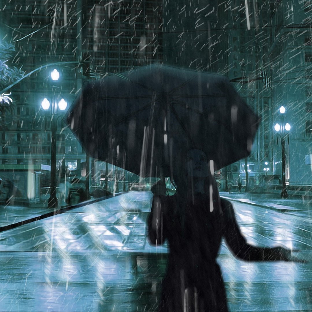silhouette of woman under umbrella on rainy night in a city