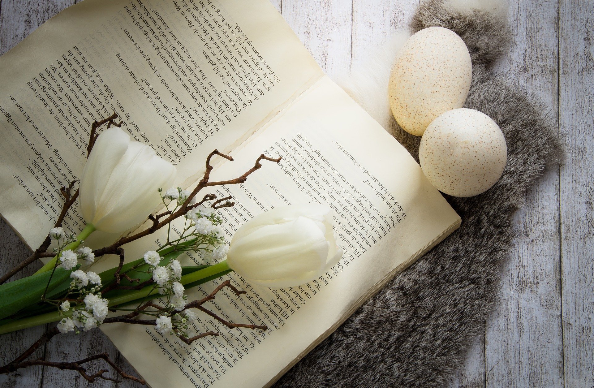 open book with tulips, baby's breath, and 2 speckled eggs