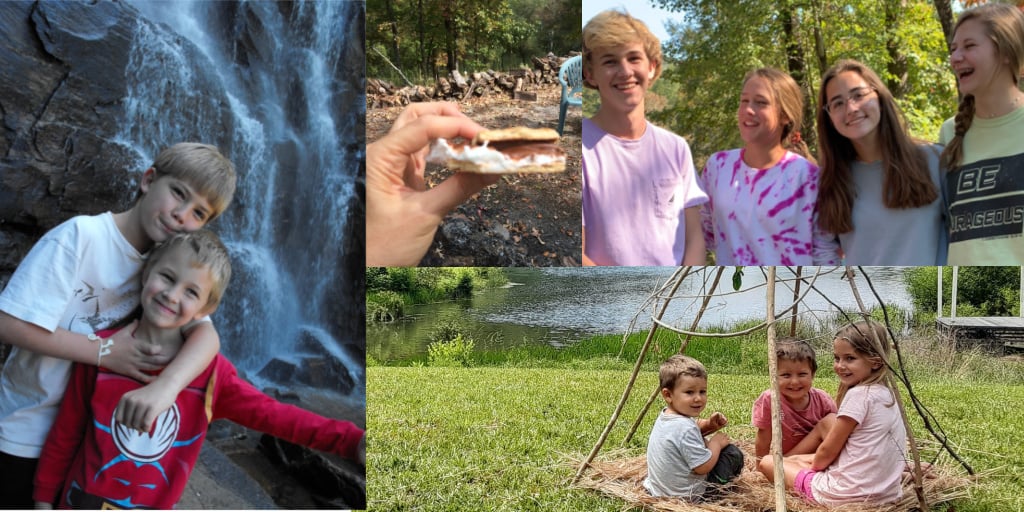 HeartRidge camp collage, kids at waterfall, tepee, S'Mores, smiling