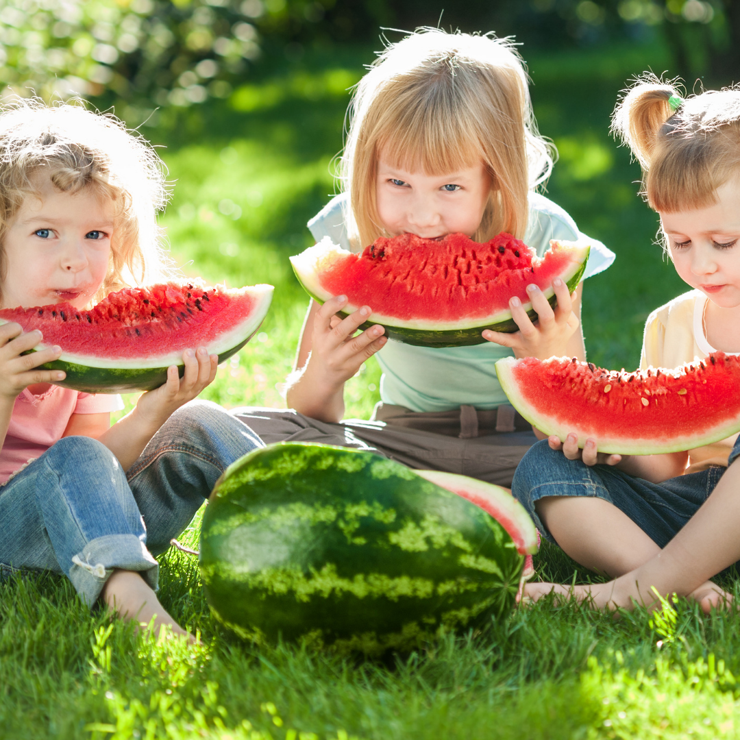 3 little girls eating giant watermelon slices outside