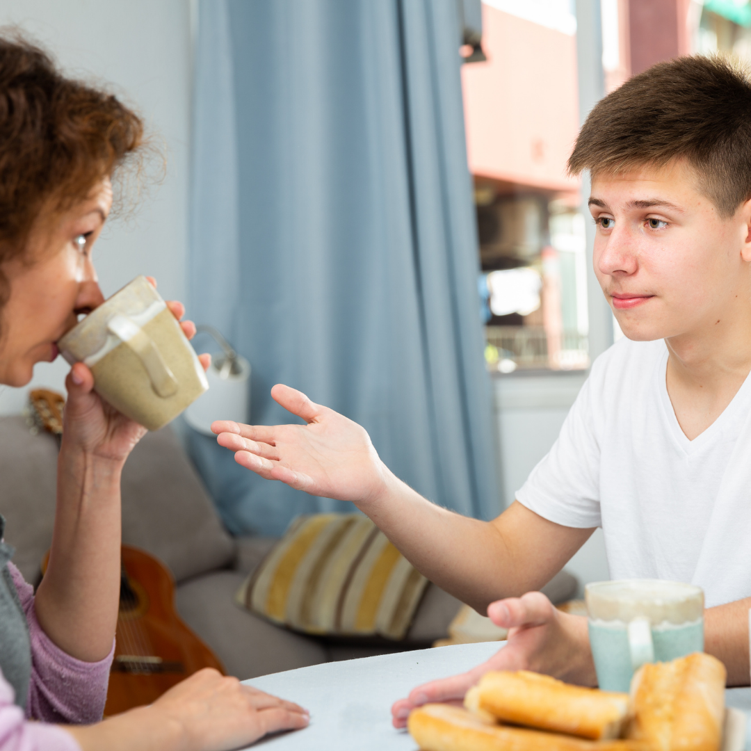 mom and son talking