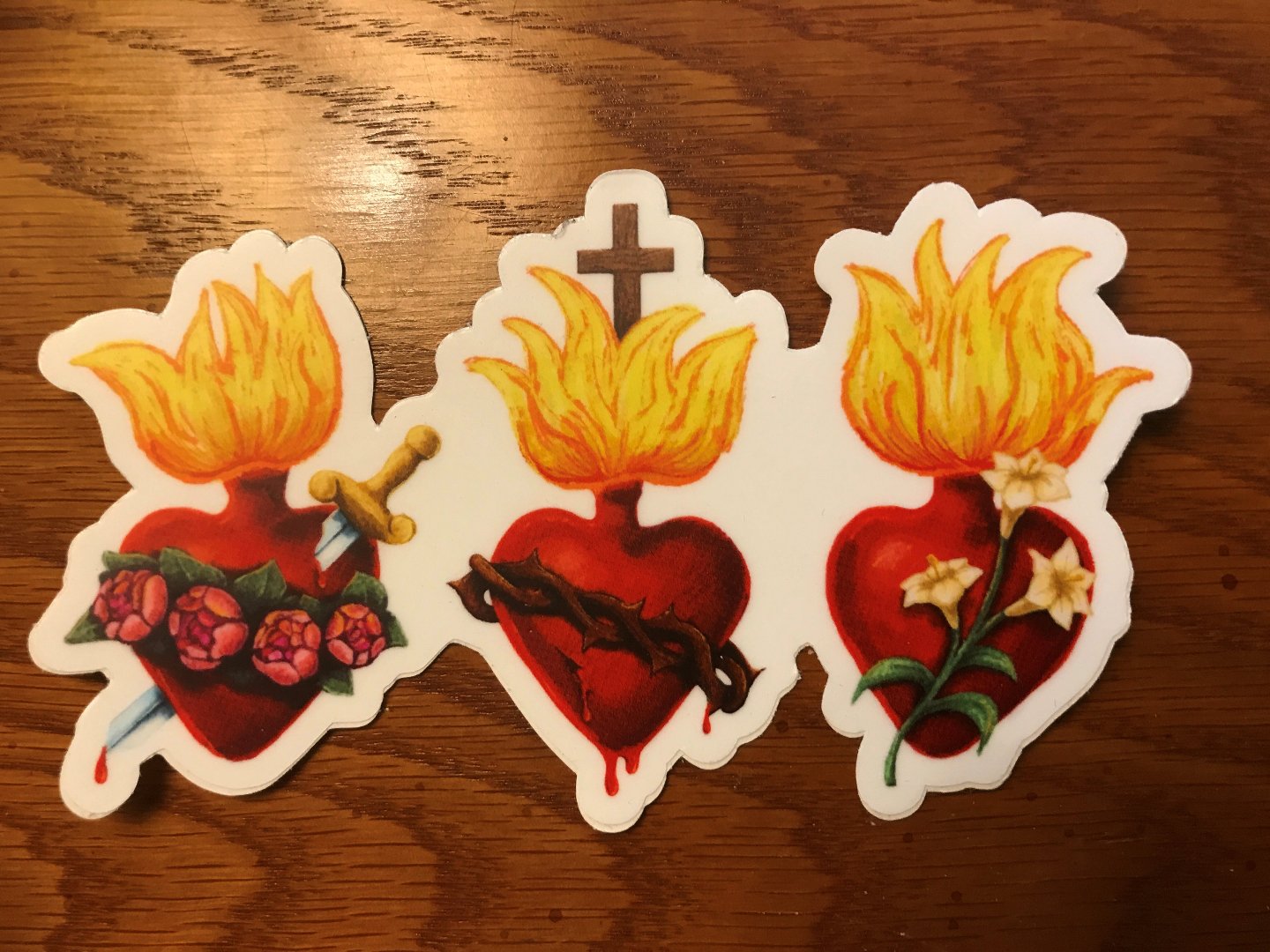 "Three hearts" sticker: Immaculate Heart of Mary, Sacred Heart of Jesus, Chaste Heart of St. Joseph
