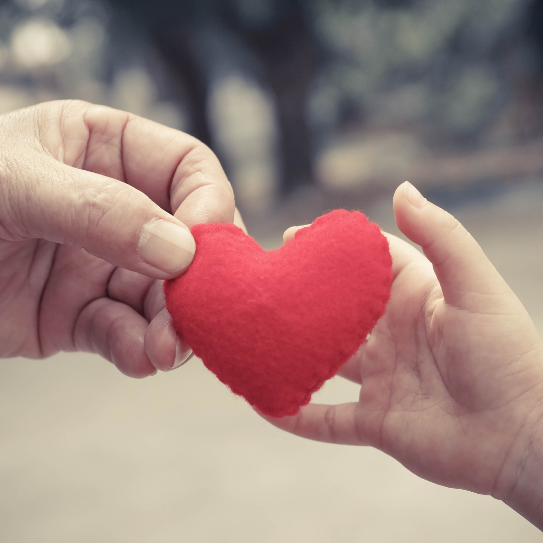 adult and child's hands holding a red felt heart