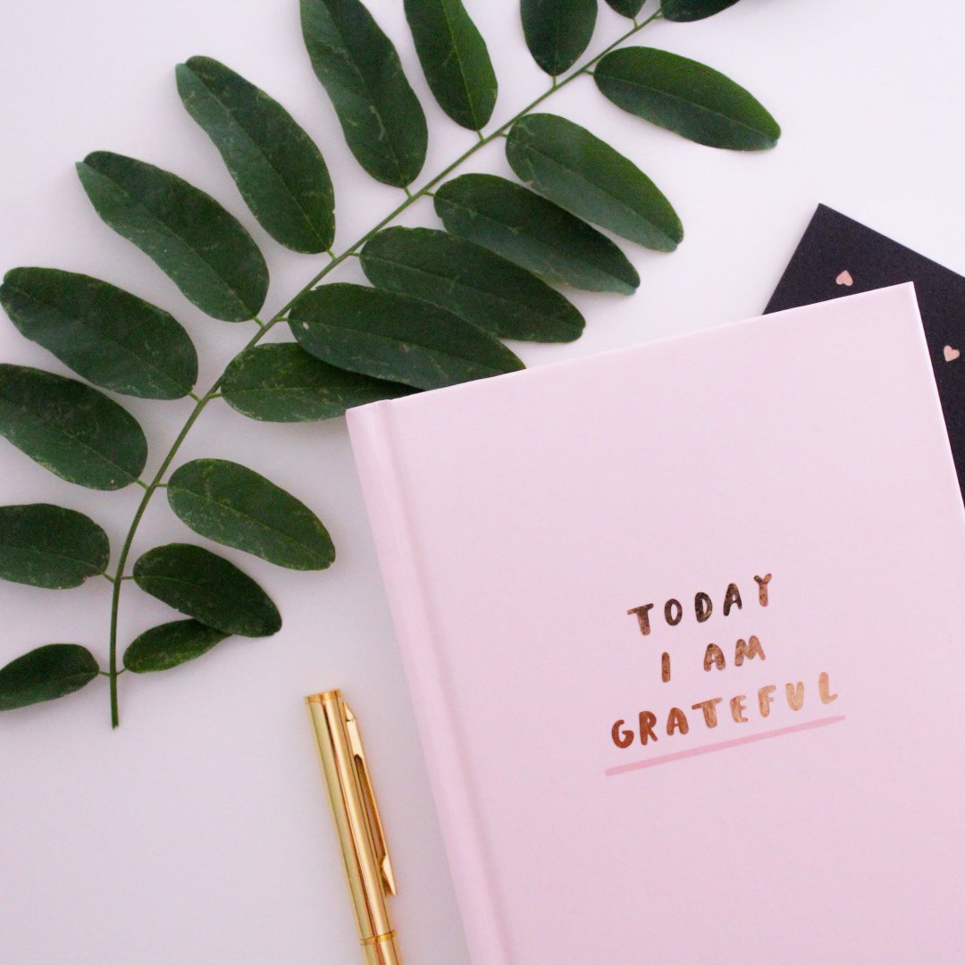 pink gratitude journal, pen, and green leaves