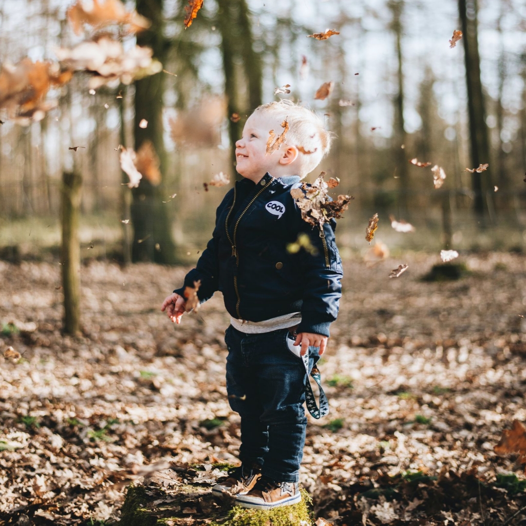 little boy playing among falling leaves