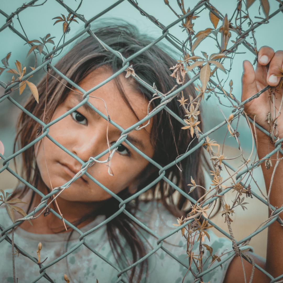 little girl looking through a fence