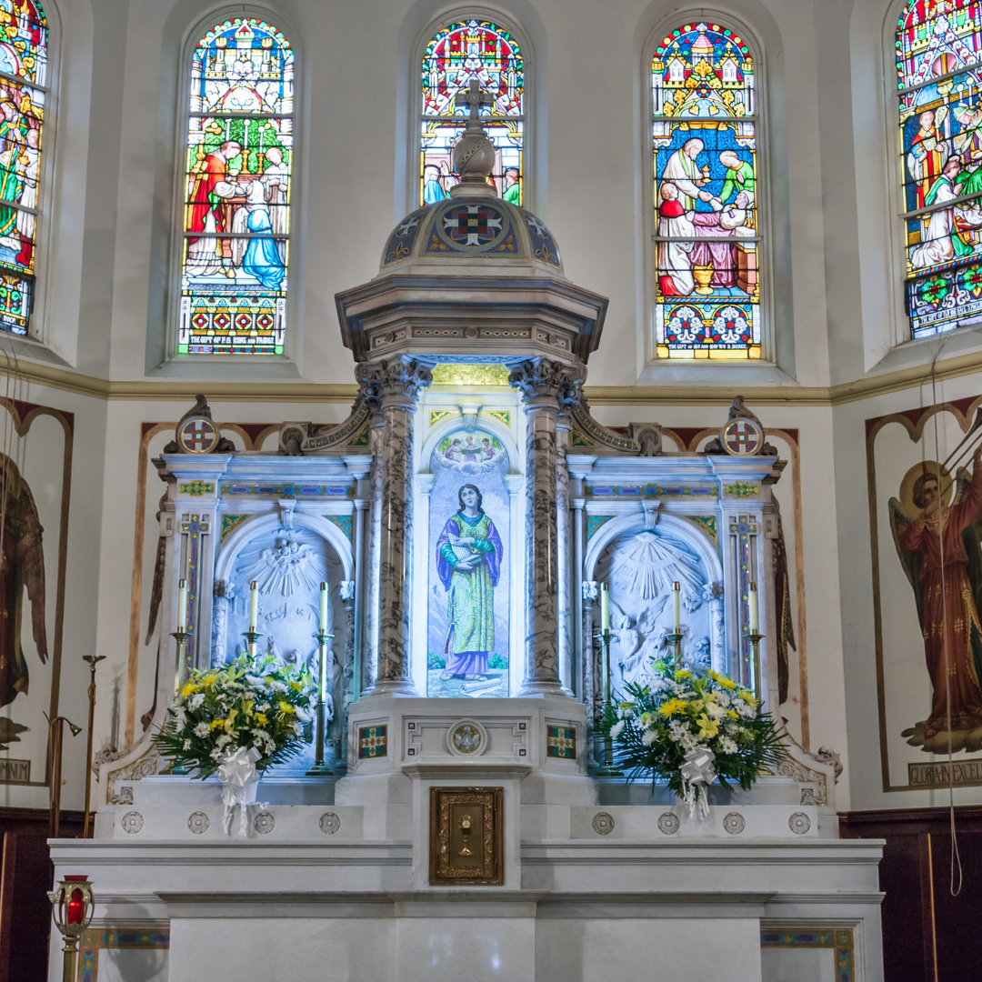 church altar and stained glass windows