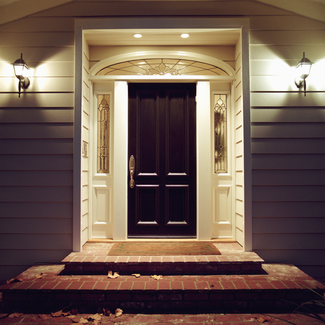 front door with lights on