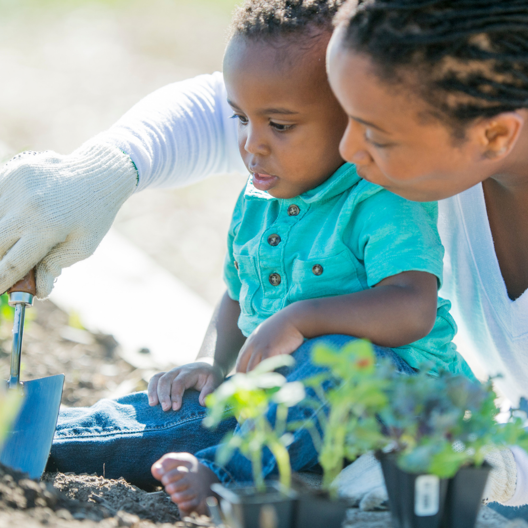 mom weeding the garden with a baby