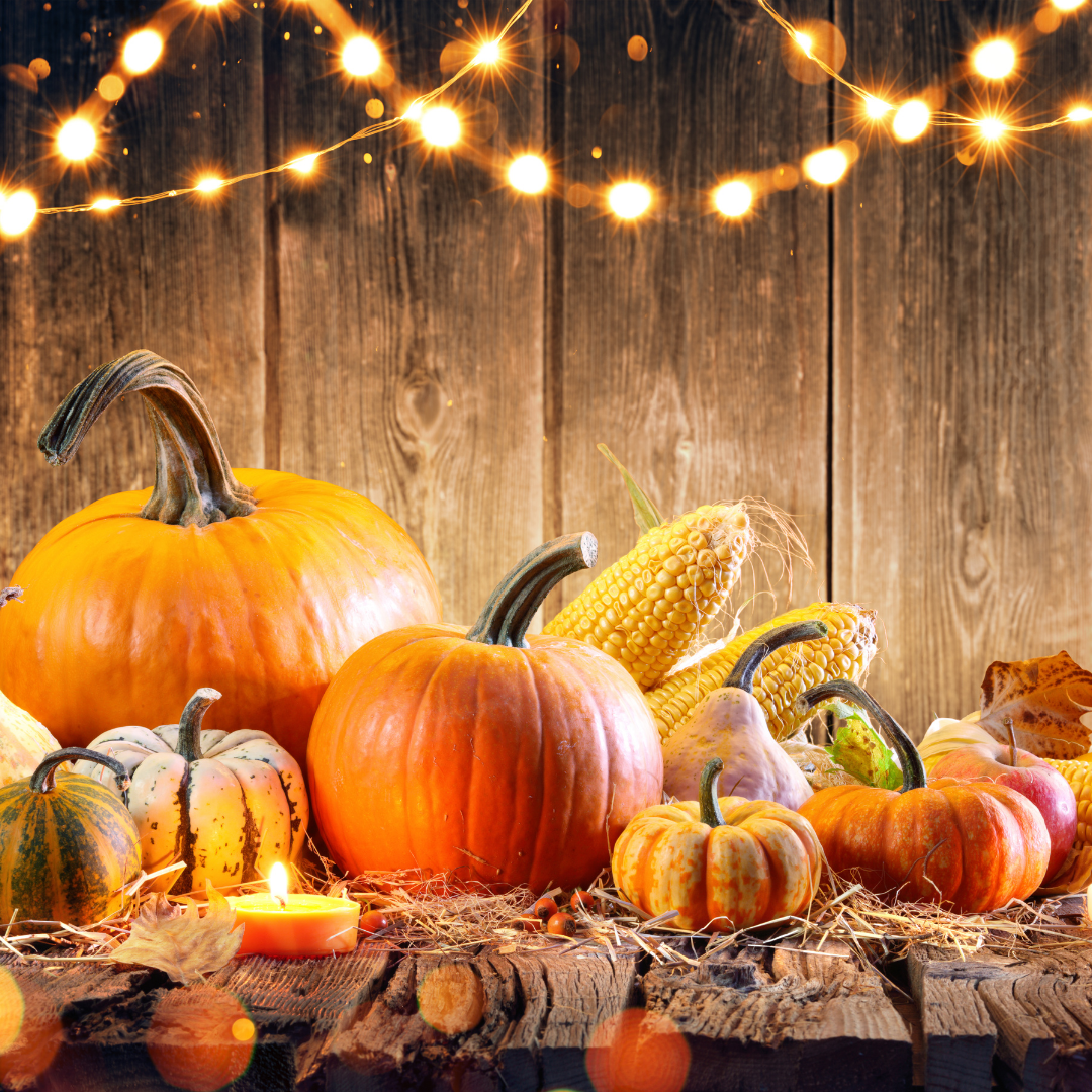 pumpkins, corn, and vegetables on rustic table with strings of lights