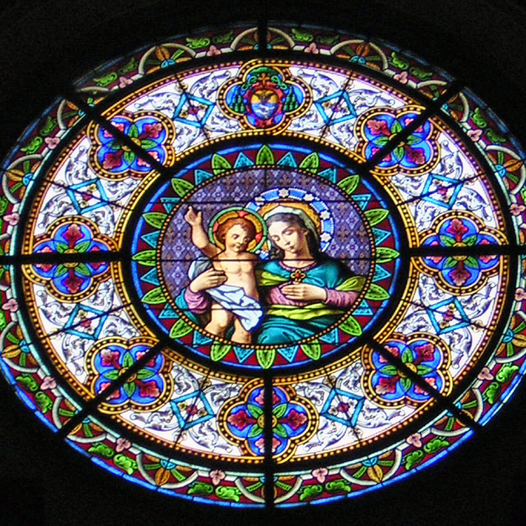 stained glass window of Mary with infant Jesus