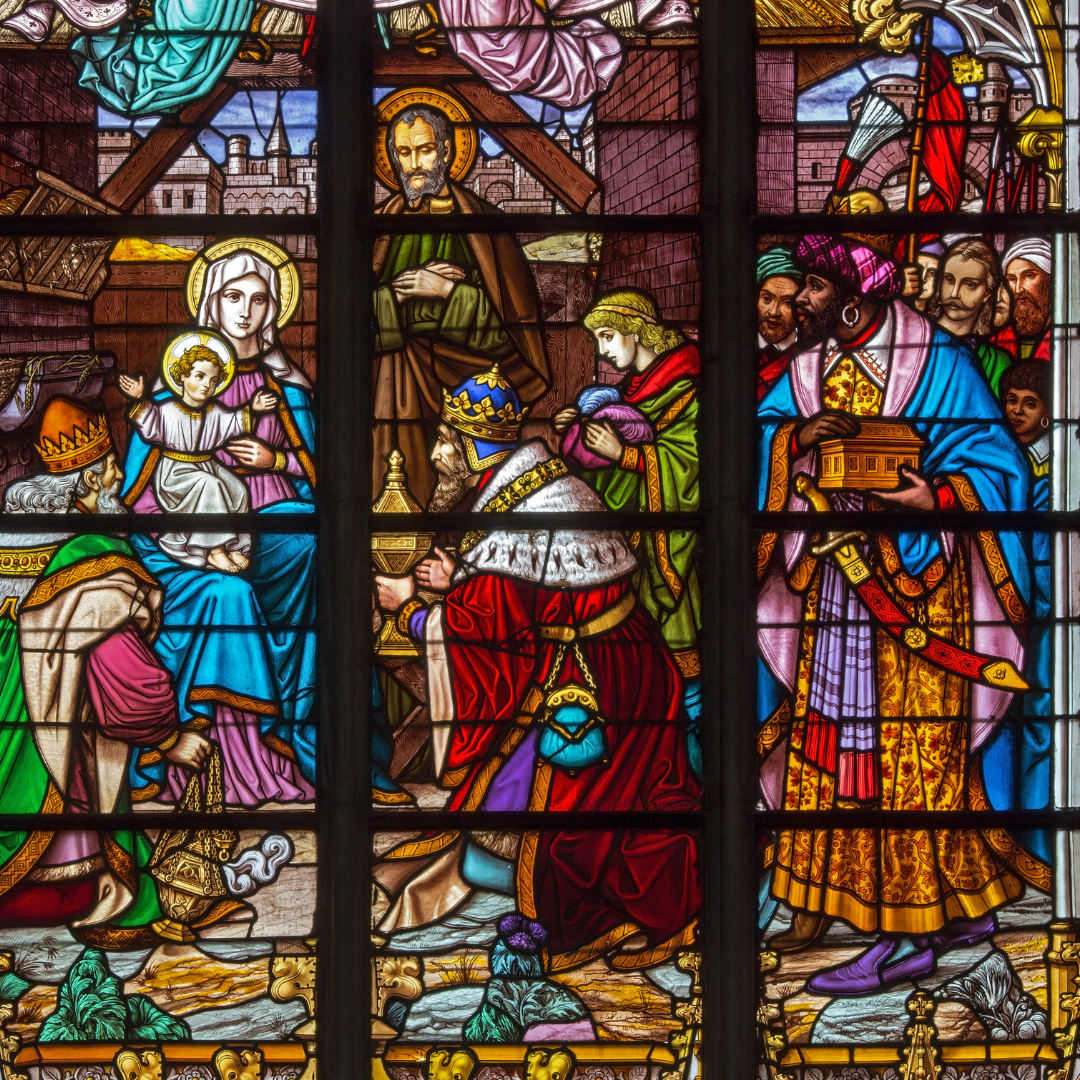 stained glass window depicting the Adoration of the Magi