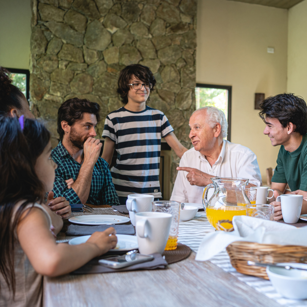 family talking around the dinner table