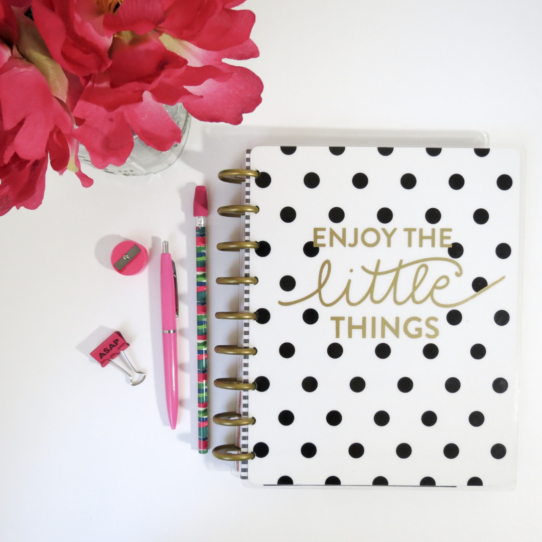 planner, office supplies, and pink flower