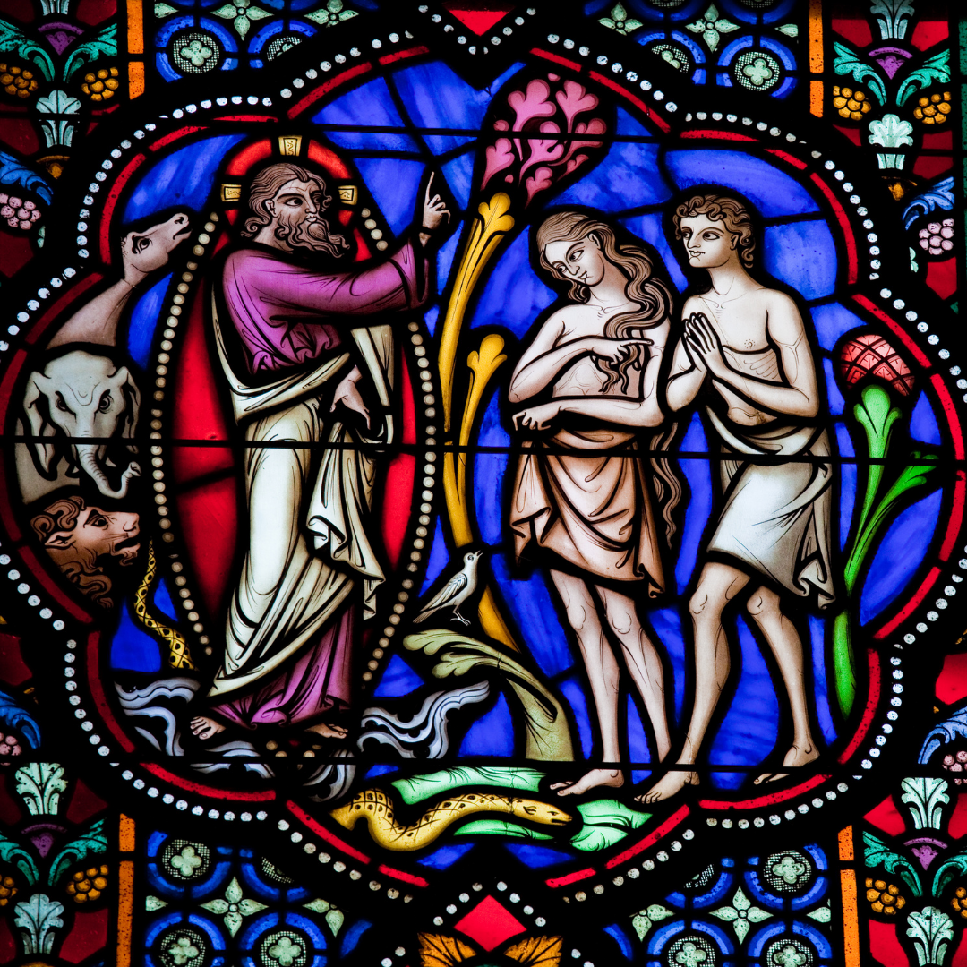 stained glass window of The Fall of Man