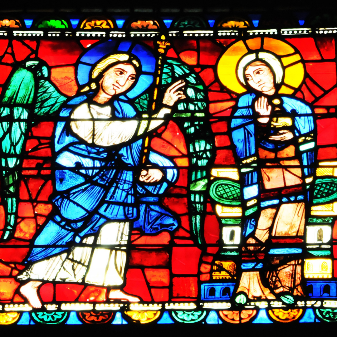 stained glass window depicting the Annunciation