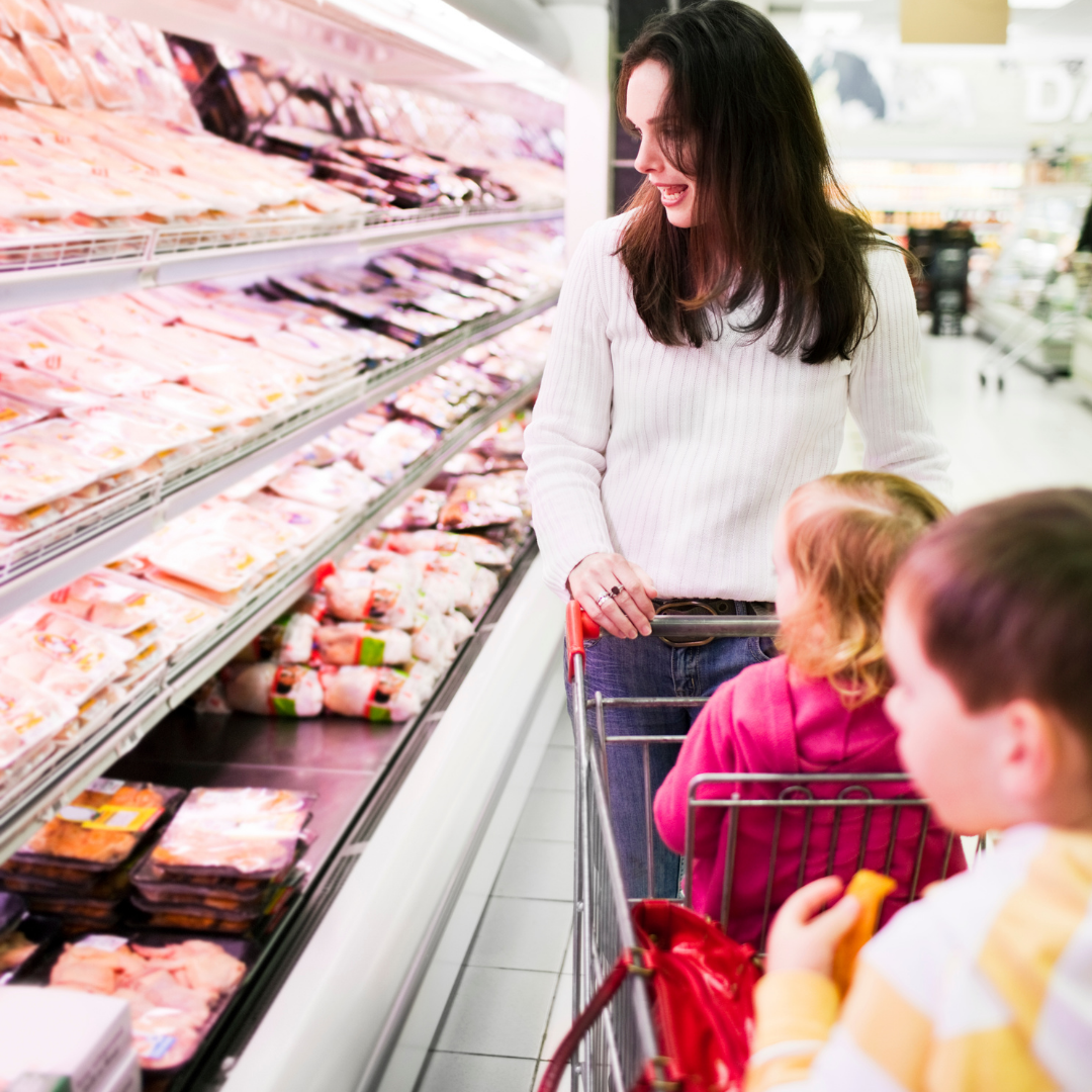 mom shopping with 2 small kids in the cart
