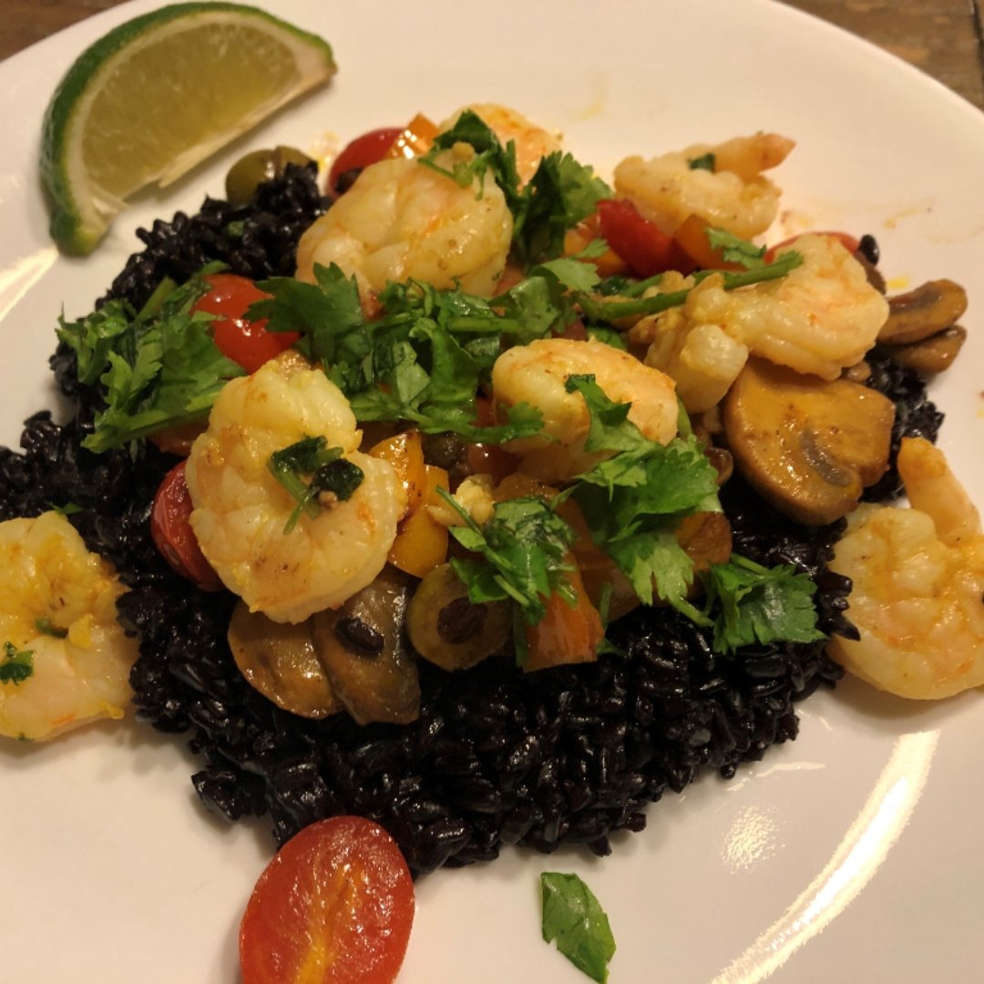 Spanish Shrimp and vegetables with black rice
