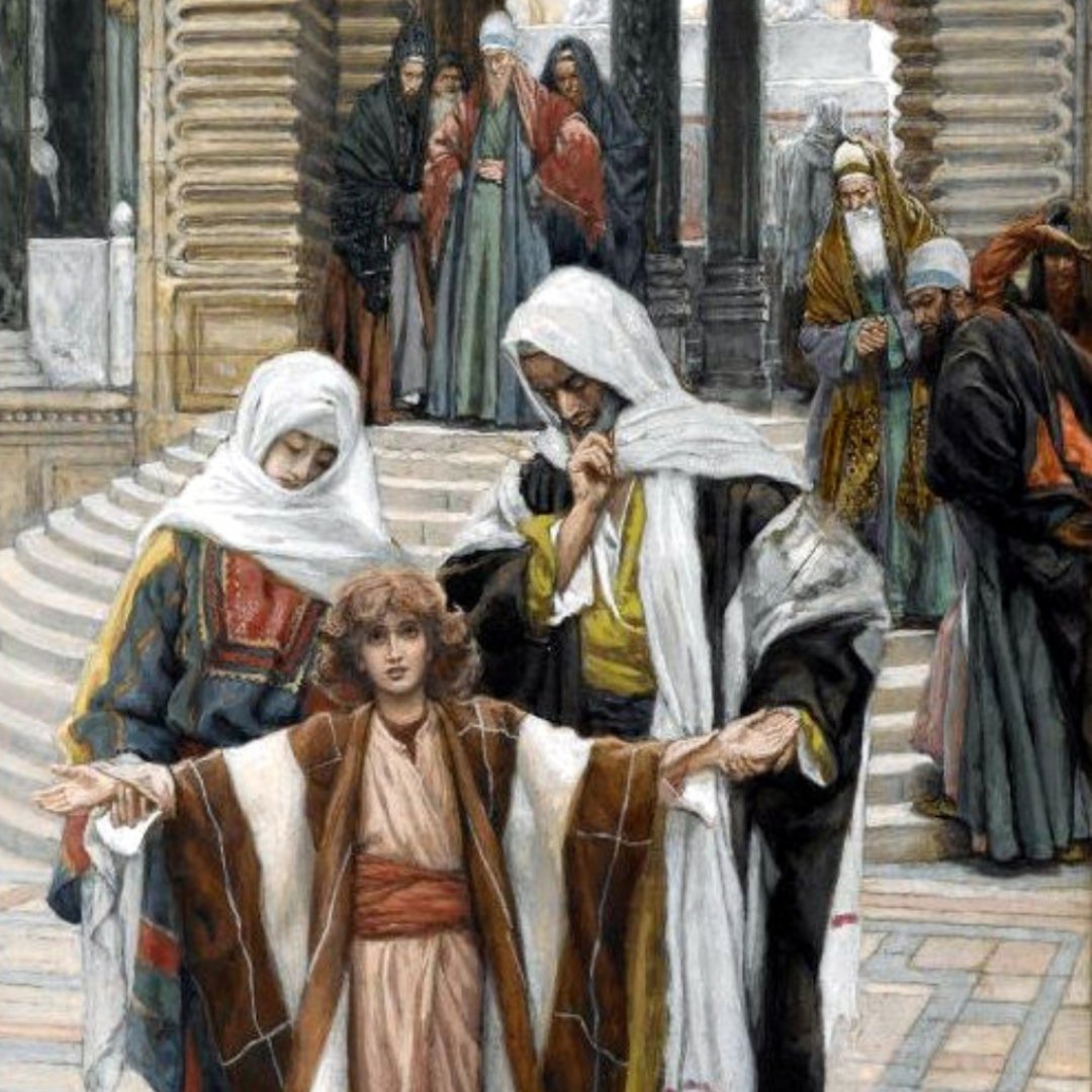 Mary and Joseph leaving the Temple with Jesus