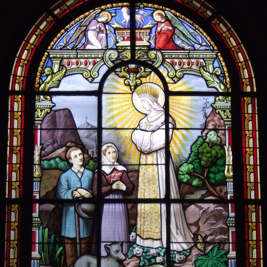 stained glass window of Our Lady of La Salette