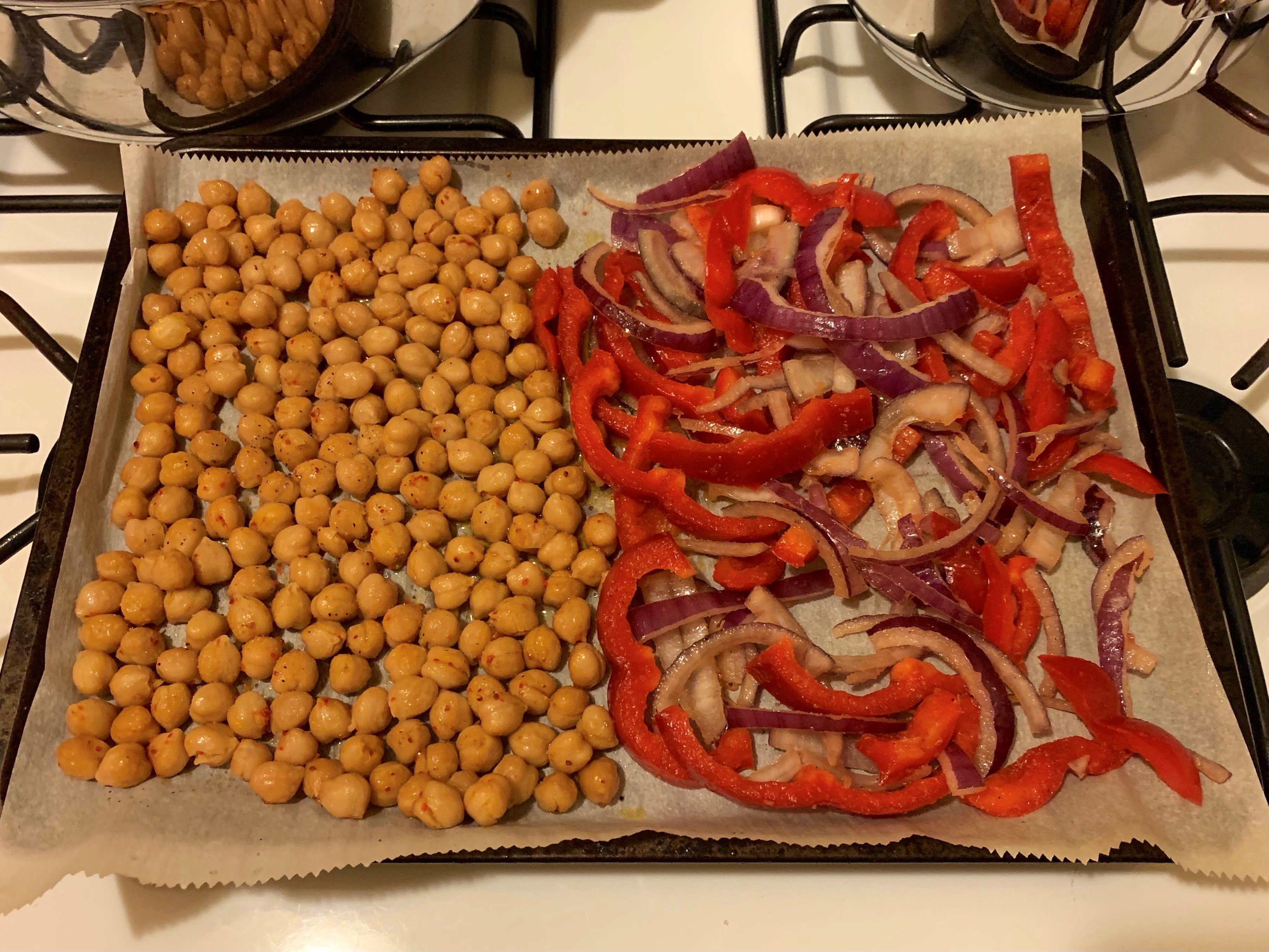 preparation for roasted chickpea and red pepper flatbreads