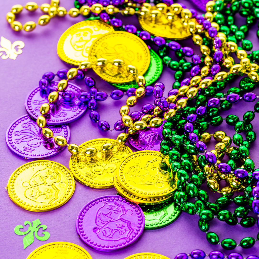 Mardi Gras beads and coins