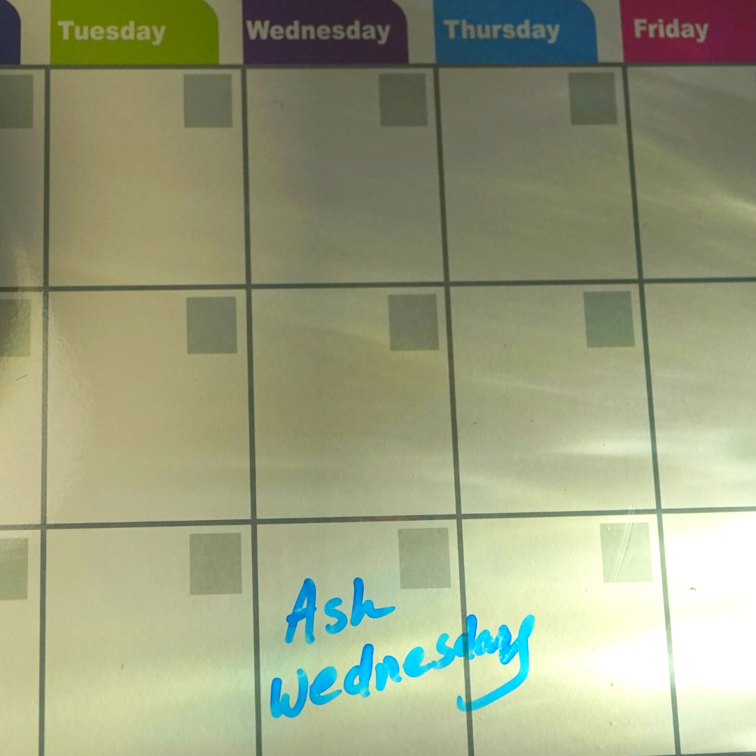 calendar with Ash Wednesday labeled
