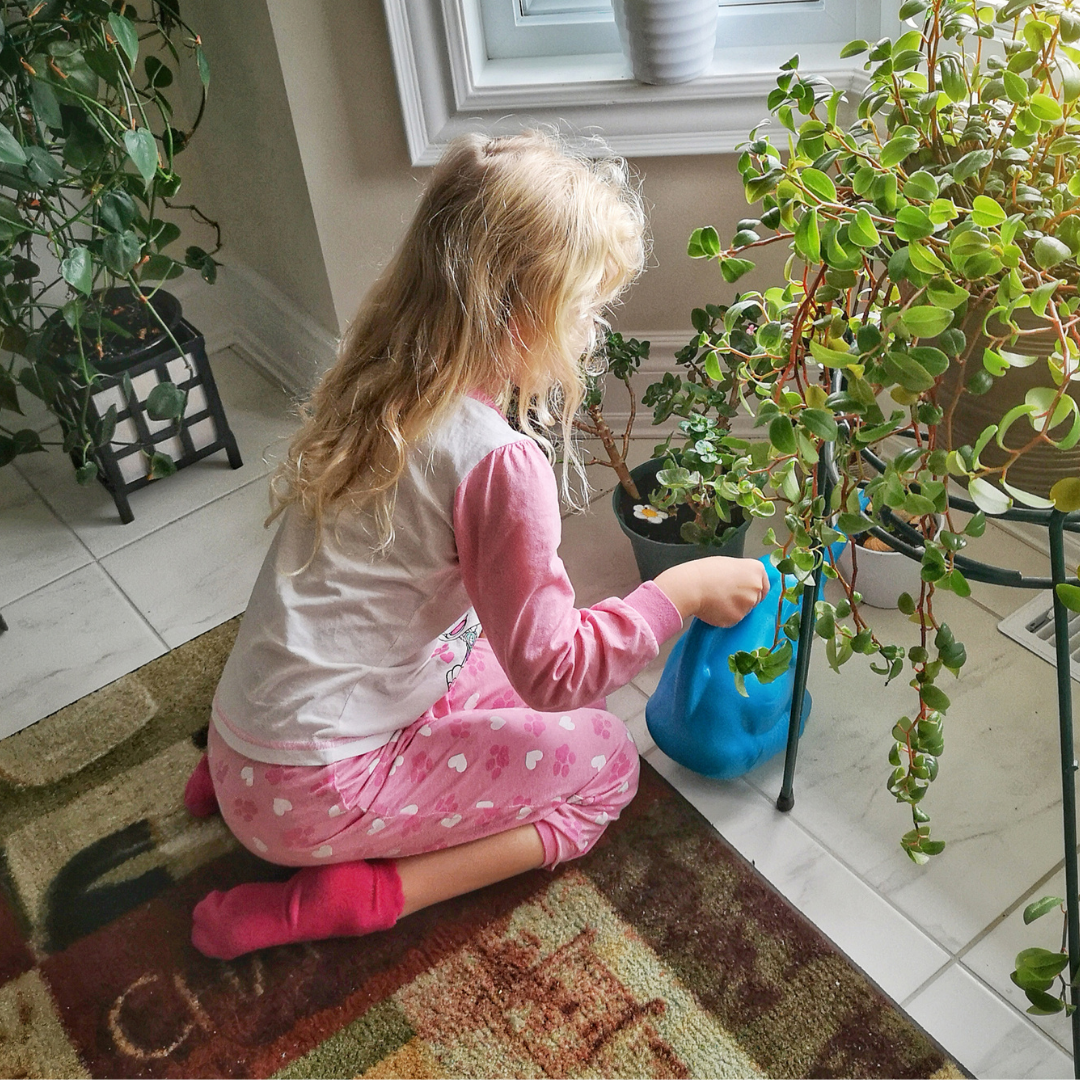 little girl watering plants