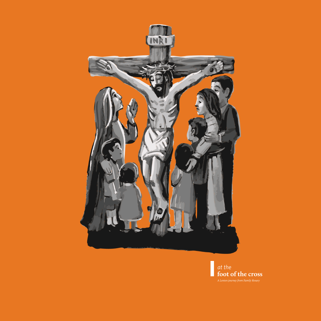 family praying with Mary at the foot of the cross
