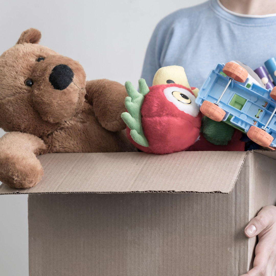 box of toys packed for donation