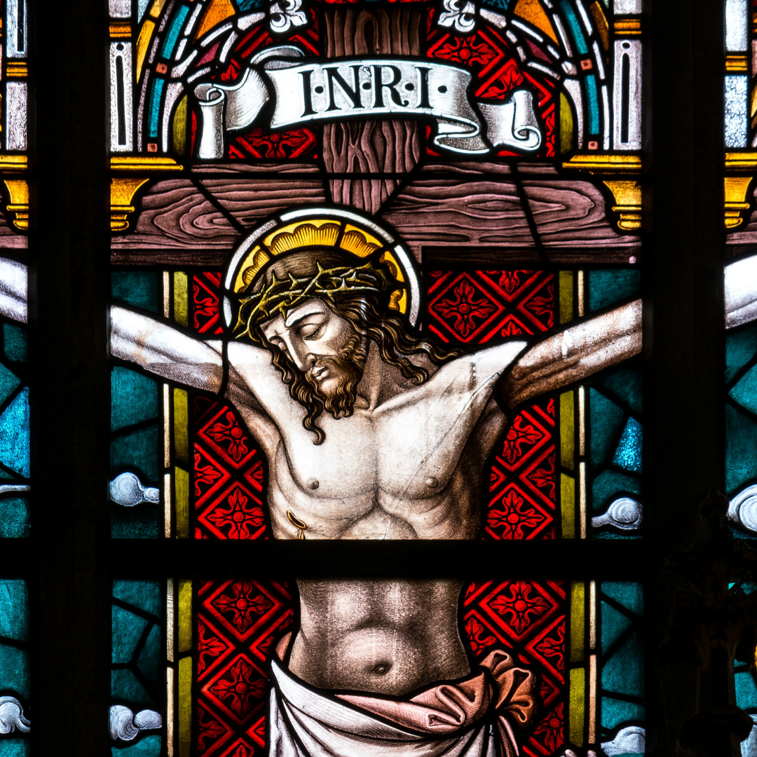 stained glass window of crucifixion of Christ