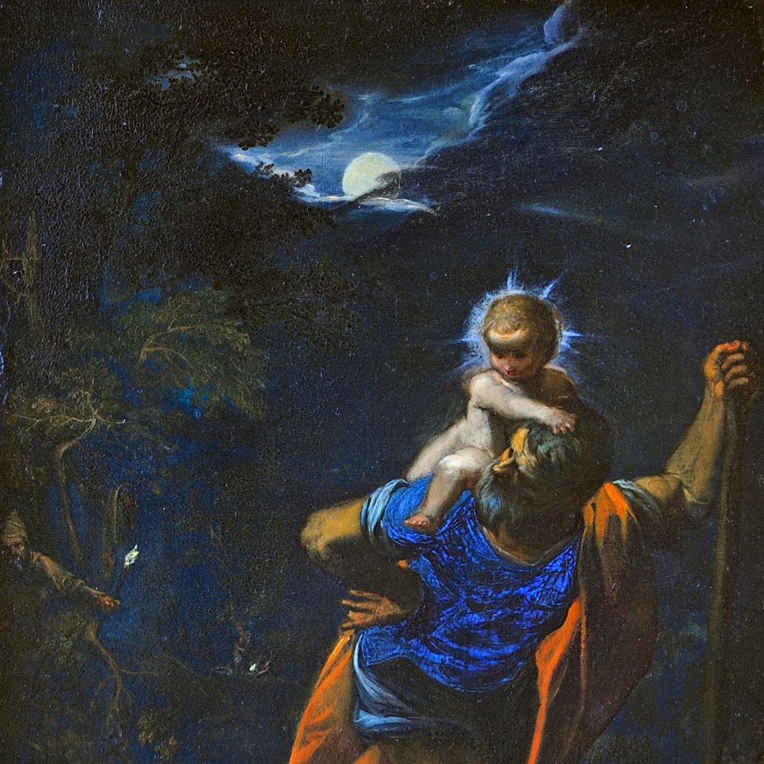 Saint Christopher carrying the Christ Child across a river, a symbol of protection for travelers