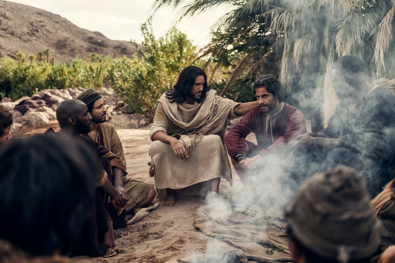 Jesus talking with Peter and the apostles after the Resurrection. From RESURRECTION movie