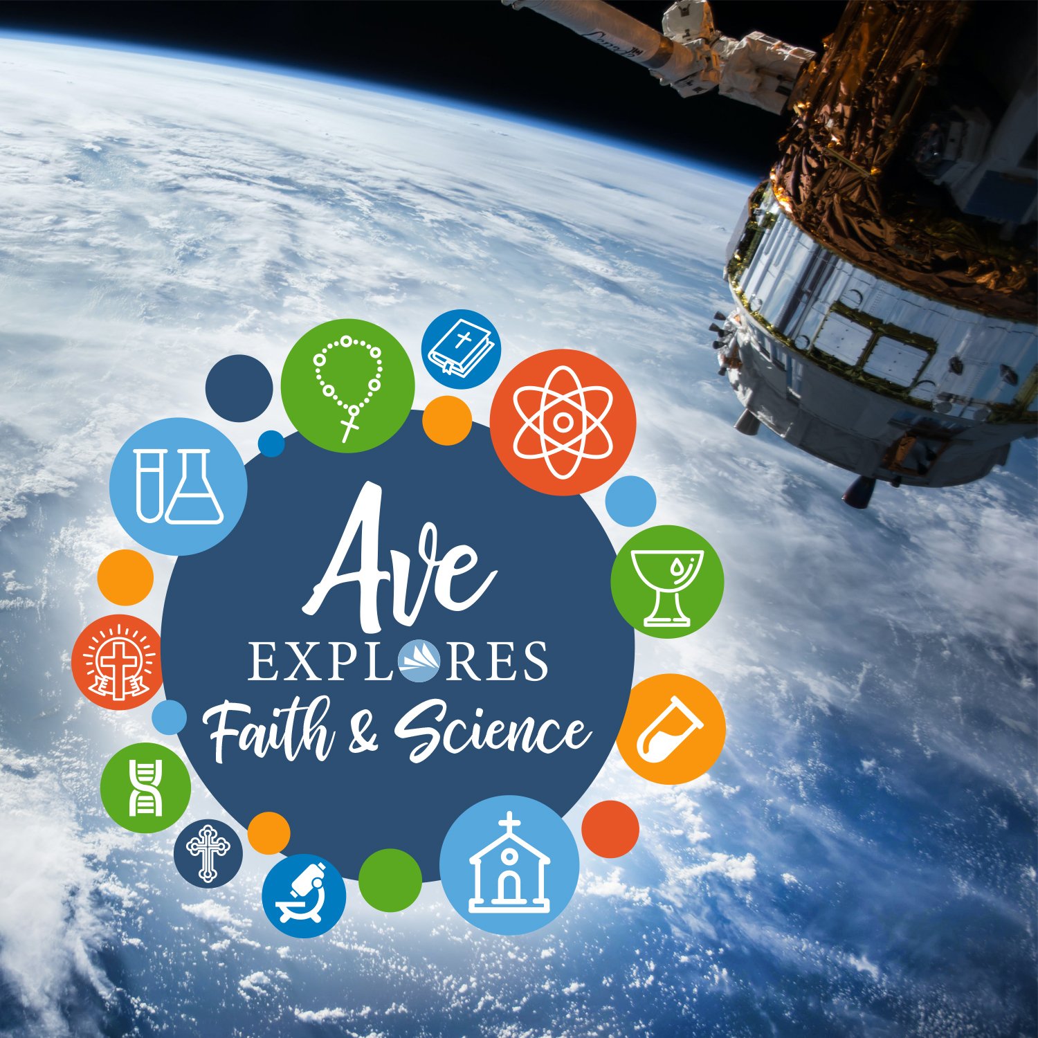 Ave Explores Faith and Science logo with space photo