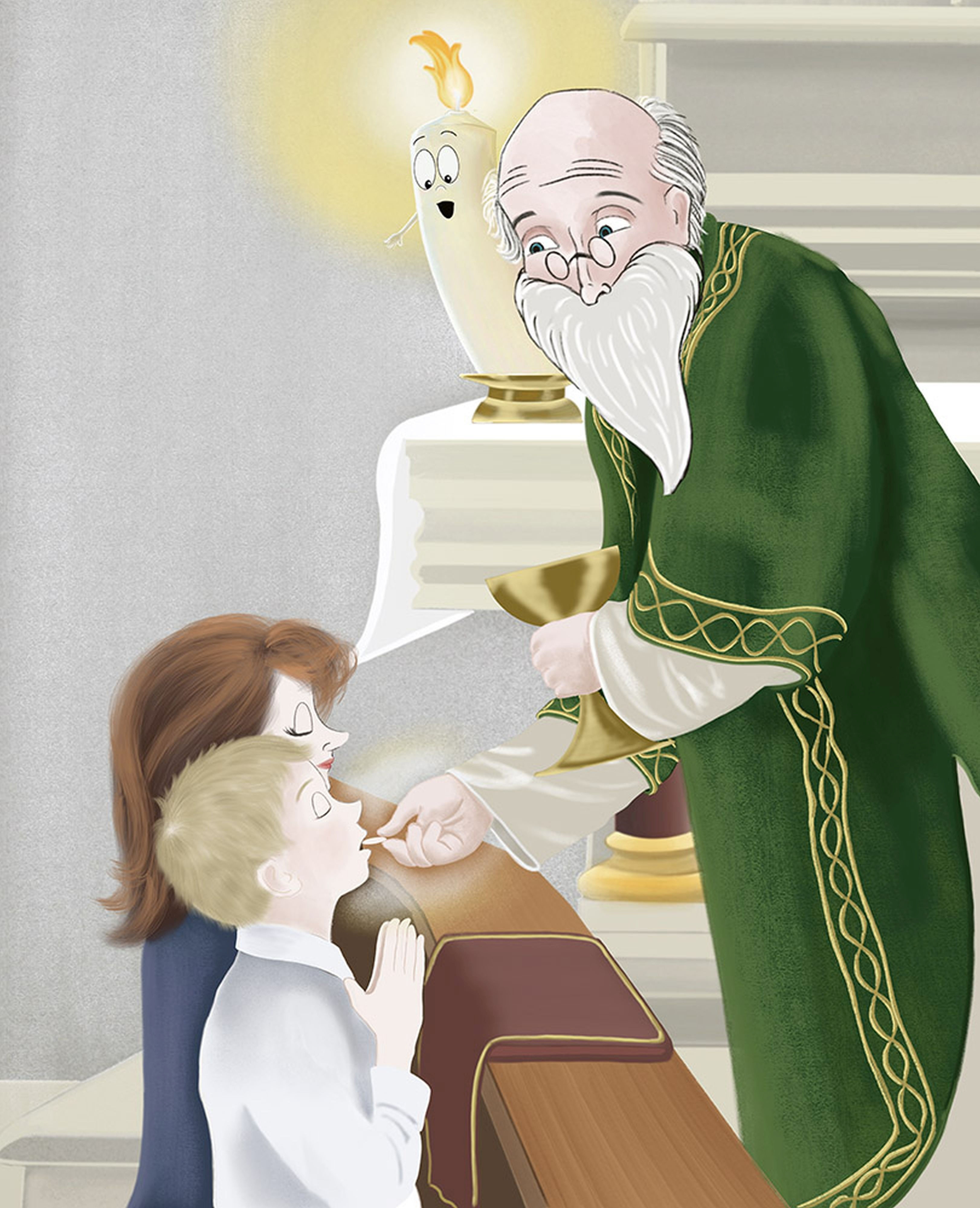 Family receiving Communion from priest at altar rail