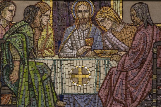 "Christ Institutes the Eucharist" by Lawrence OP (Detail from a mosaic in St Salvators Chapel in St Andrews), 2013, via Flickr, CC by NC-ND 2.0. All rights reserved.