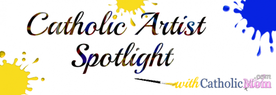 Catholic Artist Spotlight with paint blobs and stained glass font smaller blobs