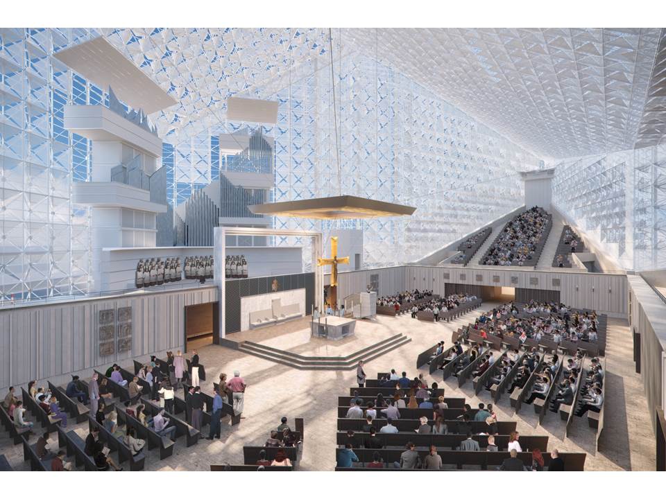 An interior rendering of the Christ Cathedral worship space.