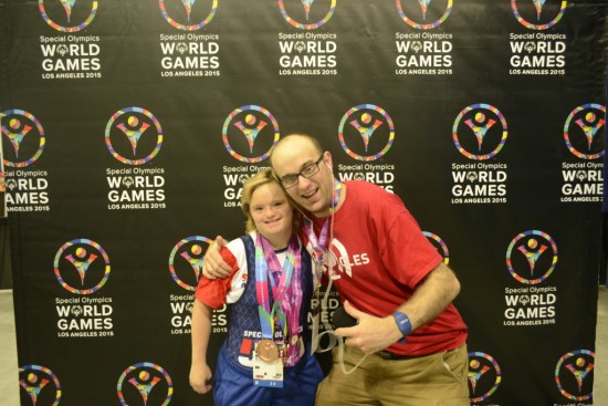 Daniel talks with multi-medal winning powerlifter Brittany Tregarthen of Special Olympics USA’s Alaska delegation at Special Olympics World Games Los Angeles 2015. Photo by Daniel Smrokowski/Special Chronicles.
