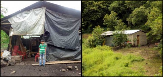 Left: Beneranda’s son Franklin stands in front of the family’s previous home, which only had plastic sheets to shield them from the environment. Right: The family's new home. Photo copyright 2015 Unbound. All rights reserved.