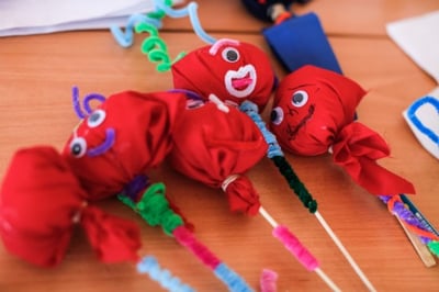 Puppets made by Syrian refugees at the summer camp run by CRS partners the Good Shepherd Sisters in the village of Deir al Ahmar, Lebanon. Photo by Sam Tarling for CRS
