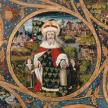 St. Leopold with two deceased sons, from the Babenberger Stammbaum in Stift Klosterneuburg