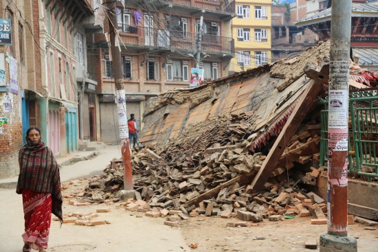 Collapsed buildings in the town center in Patan, Kathmandu, Nepal after a 7.8 magnitude earthquake struck Nepal and India on April 25, 2015.  Photo courtesy of Caritas Australia