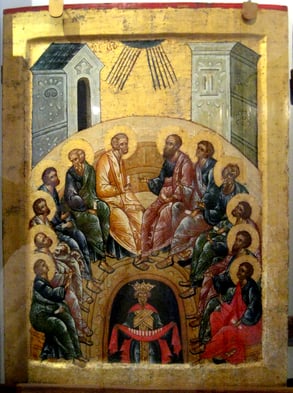 Image of the icon of Pentecost. The Holy Spirit descends upon Mary and the Apostles, who surround the cosmos or the world personified.