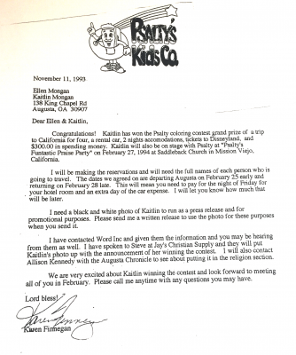 Psalty's award letter to Kaitlin Mongan