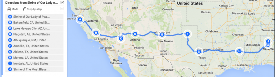 Family friendly, driving route from one Marian Shrine in CA to another in Hanceville, AL