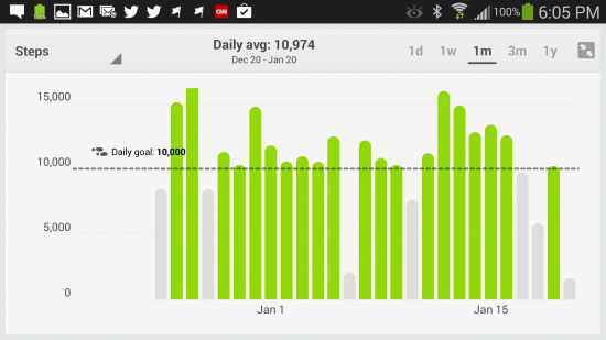 Daily steps taken with Fitbit, displayed on the Android App
