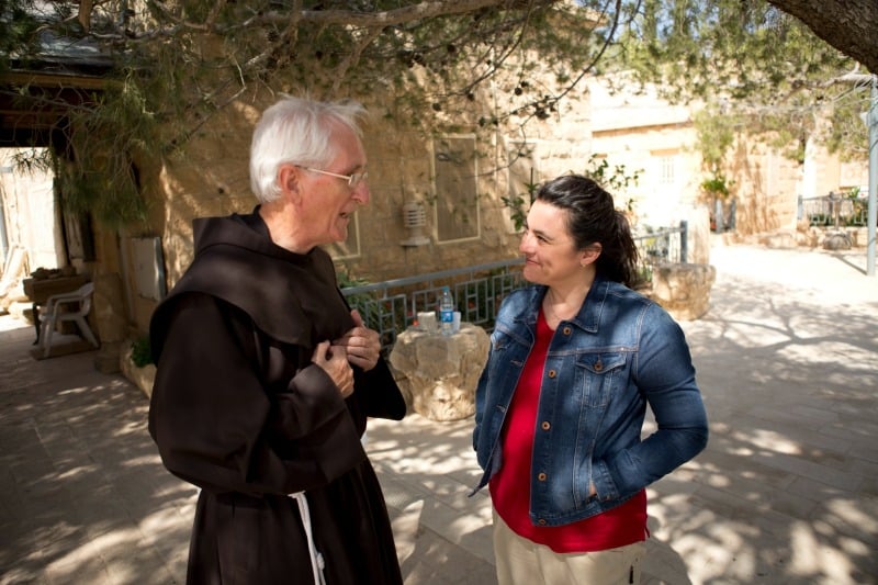 Speaking with Rev. Fergus Clarke, OFM, Superior of Shrine at Mt Nebo, Jordan. Courtesy of The Faithful Traveler. Used by permission. All rights reserved.