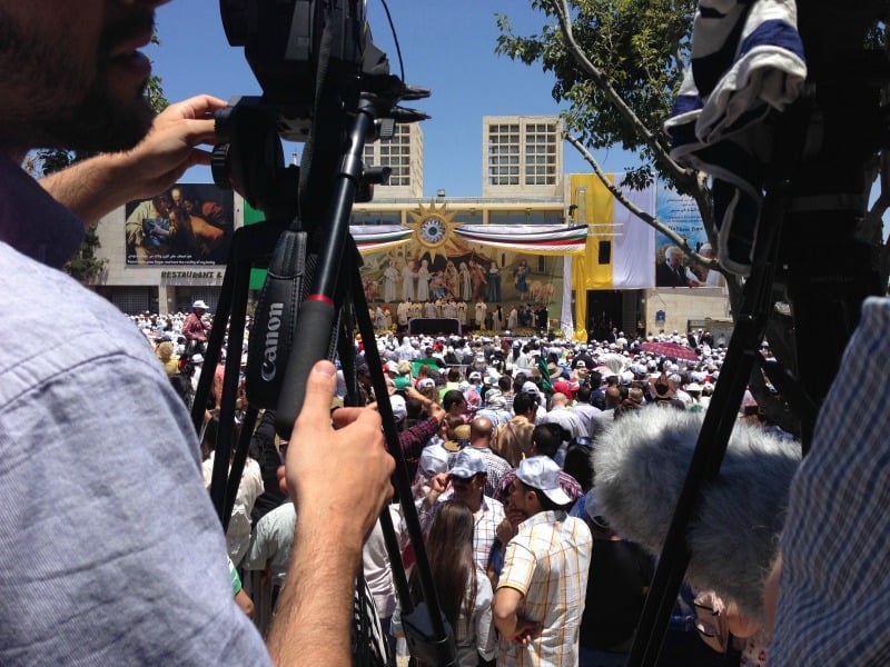 Filming the Papal Mass in Bethlehem. Courtesy of The Faithful Traveler. Used with permission. All rights reserved.